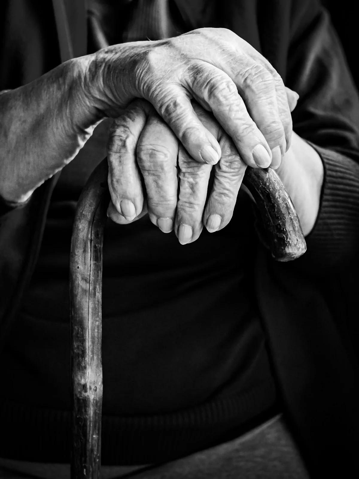 高齢者の手が杖の上にそっと置かれている、静かなクローズアップ